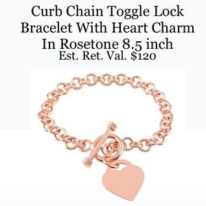 Curb Chain Toggle Lock Bracelet With Heart Charm in Rosetone 8.5 inch